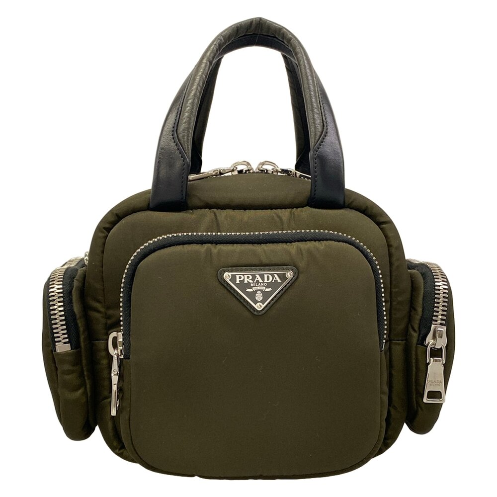 Prada Handbag 1BB061 Khaki Black Nylon Leather